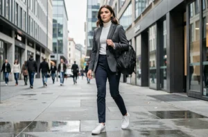 Femme urbaine élégante portant un sac à dos technique noir en nylon dans une rue moderne de ville européenne