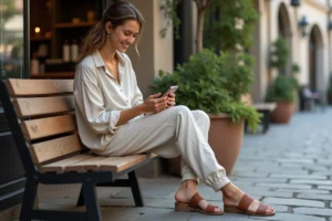 Jeune femme en sandales urbaines et blouse détendue