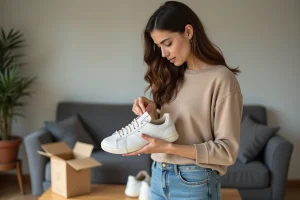Jeune femme examine des sneakers en détail dans un salon
