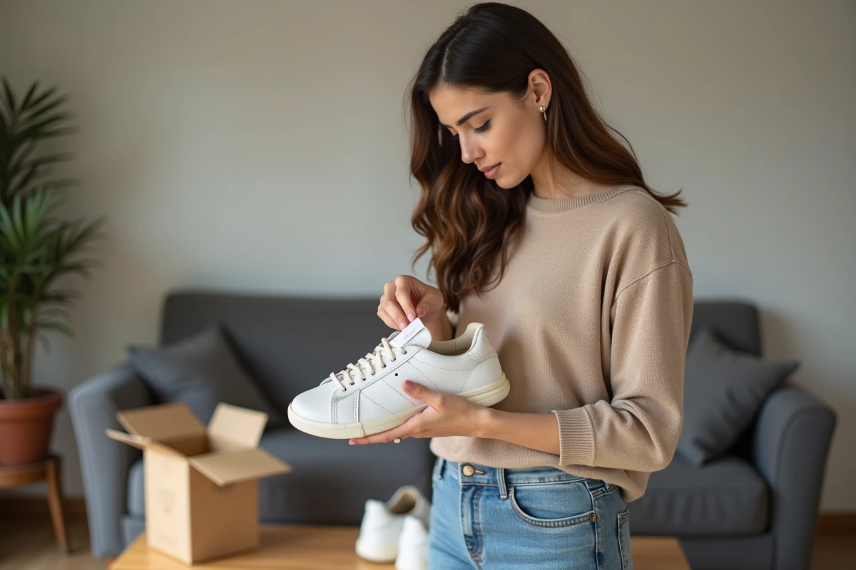 Jeune femme examine des sneakers en détail dans un salon