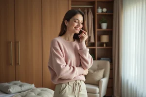 Femme en pull cashmere appliquant du lipstick dans une chambre cosy