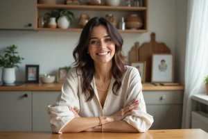 Femme méditerranéenne souriante dans une cuisine moderne