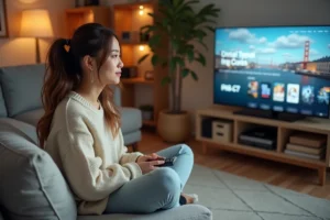 Jeune femme regardant une plateforme de streaming sur sa télévision dans un salon cosy