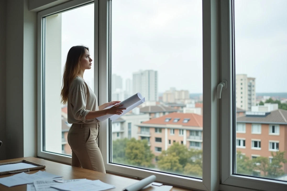 Jeune femme regardant par une grande fenêtre avec plans à la main