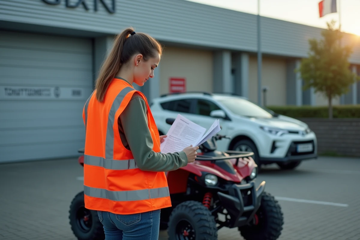 Jeune femme vérifiant un quad dans un parking français