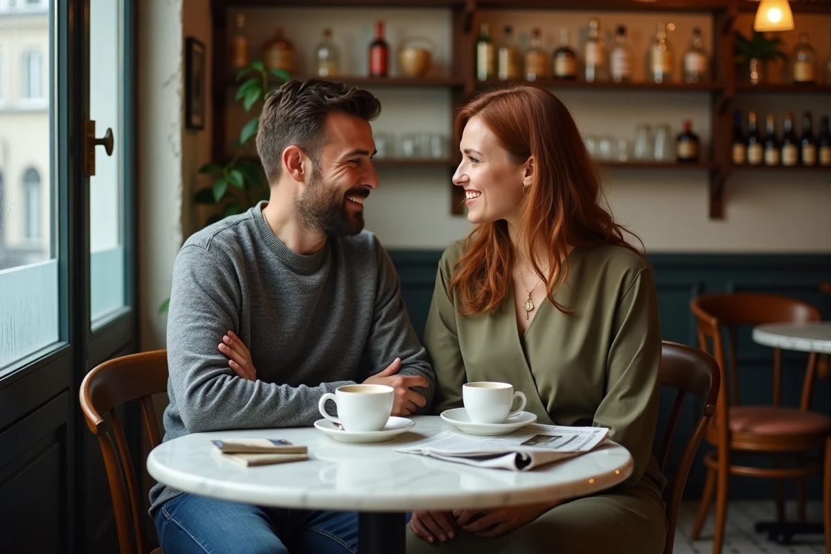 Couple connu partageant un moment intime dans un café parisien, illustrant la vie de couple face à la célébrité