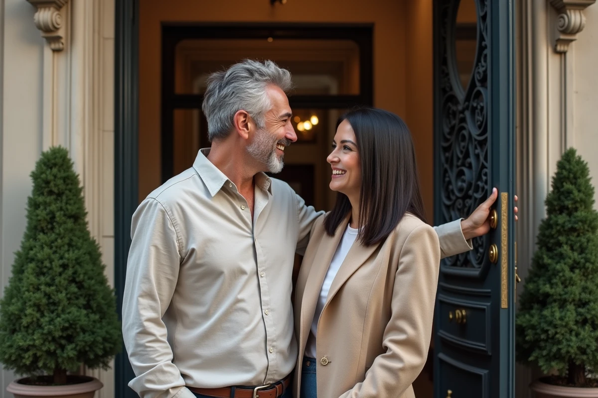 Couple reconnu devant l'entrée d'un immeuble parisien, affrontant ensemble les regards liés à leur notoriété