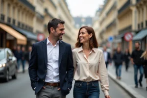 Couple célèbre se promenant ensemble dans une rue parisienne animée, souriant complices malgré la notoriété