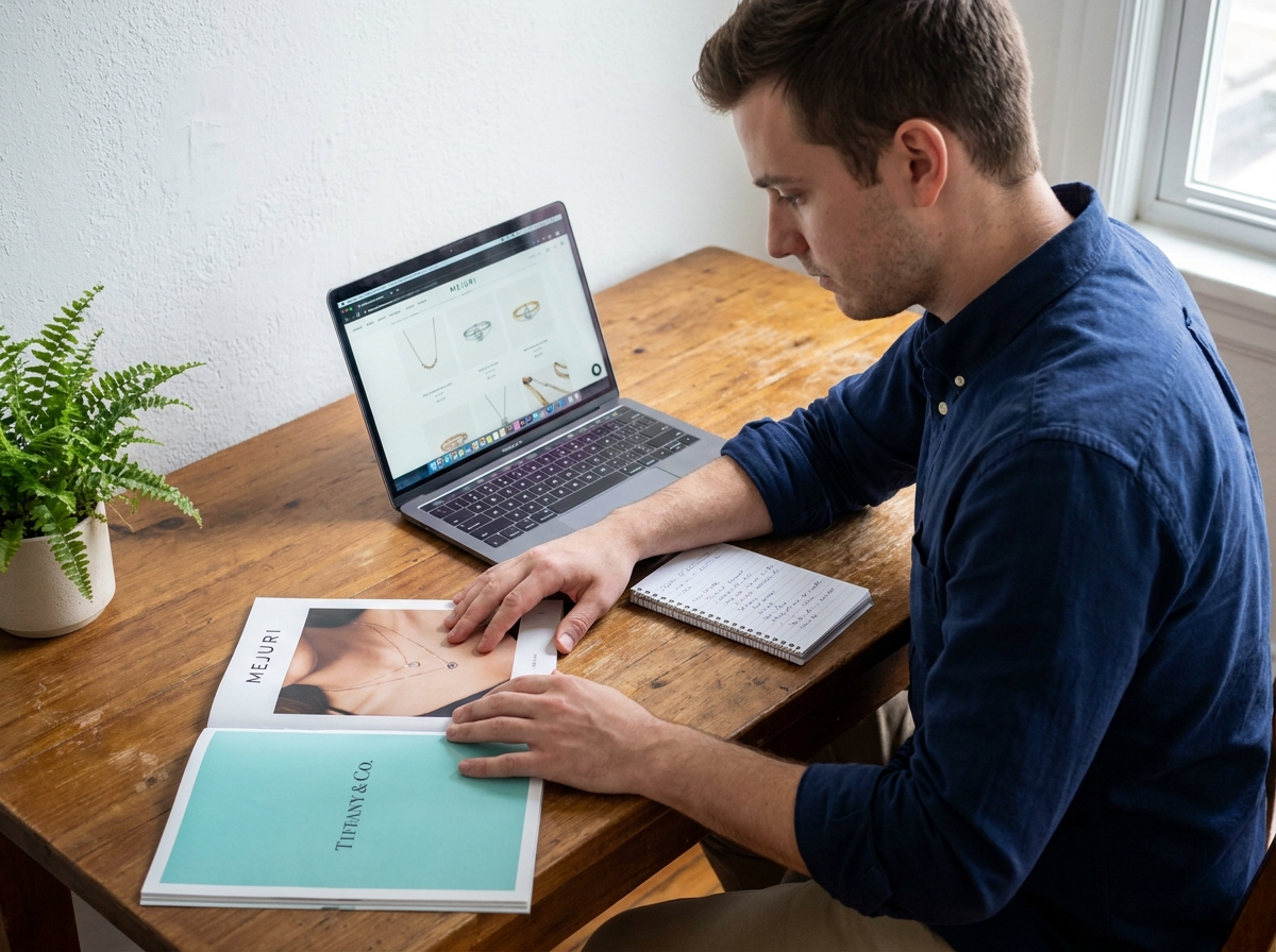 Homme comparant des catalogues de bagues de marque sur un bureau en bois avec un ordinateur portable