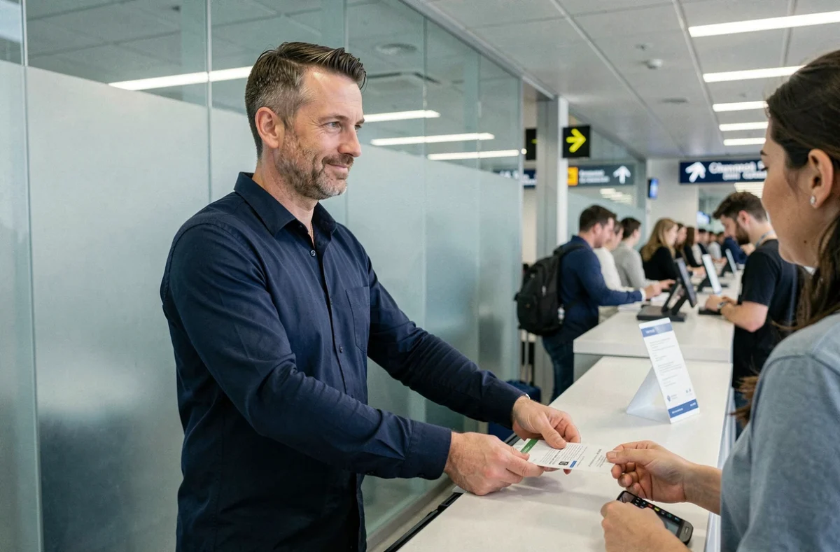 Homme remettant ses documents de voyage au comptoir d'enregistrement d'un aéroport international