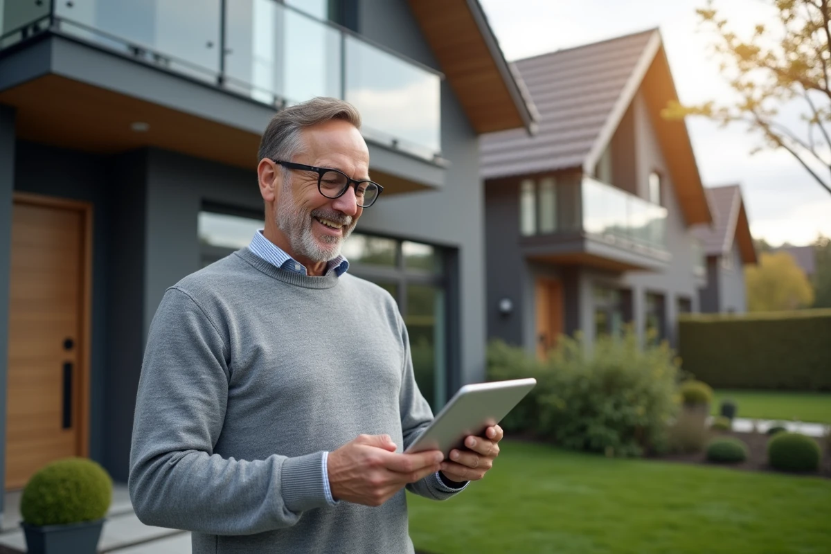 Homme vérifiant annonces immobilières dehors