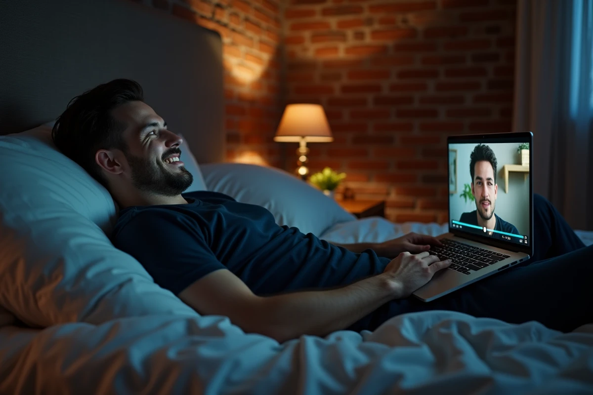 Homme regardant un film en streaming sur son ordinateur portable dans une chambre