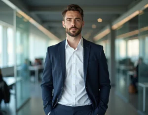Grand homme en blazer marine debout dans un bureau technologique moderne, silhouette élancée mise en valeur par l'environnement