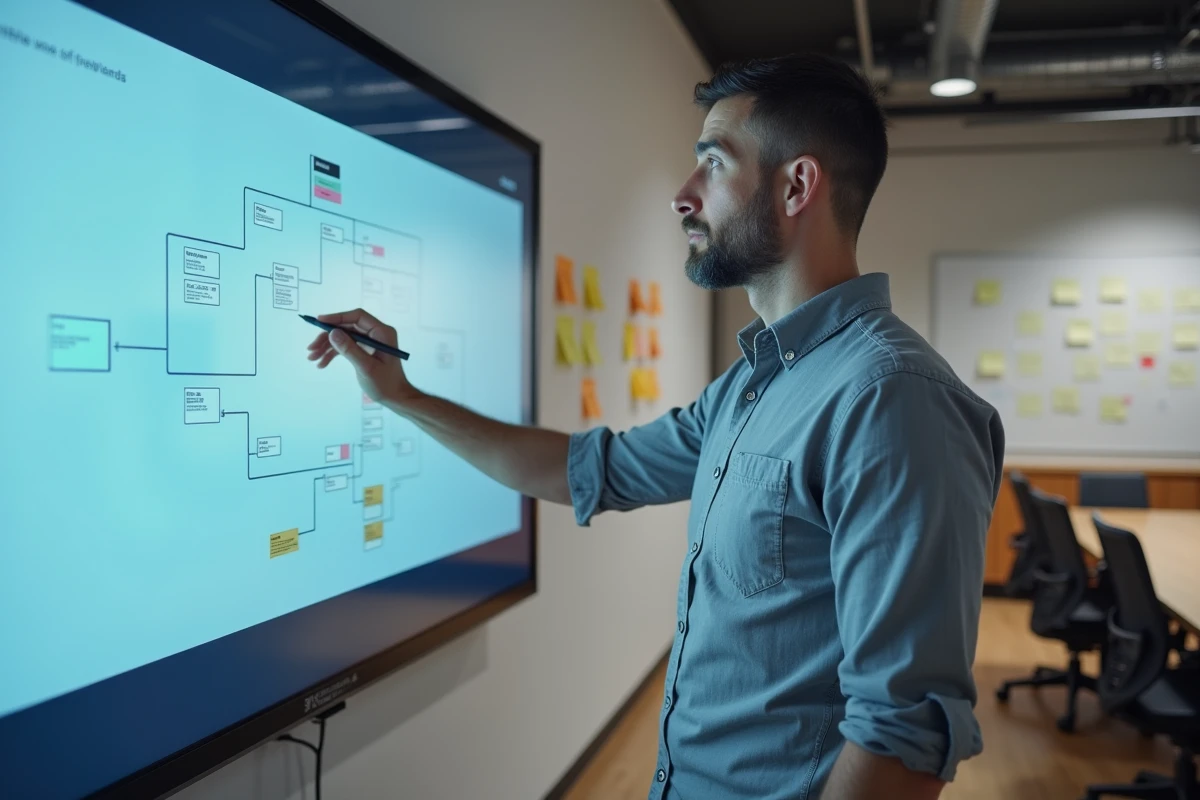 Homme en réunion pointant un sitemap affiché sur grand écran dans une salle de conférence moderne
