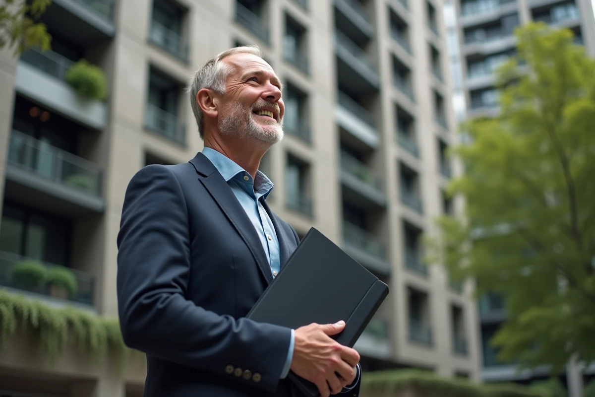 Homme souriant devant un immeuble contemporain en milieu urbain
