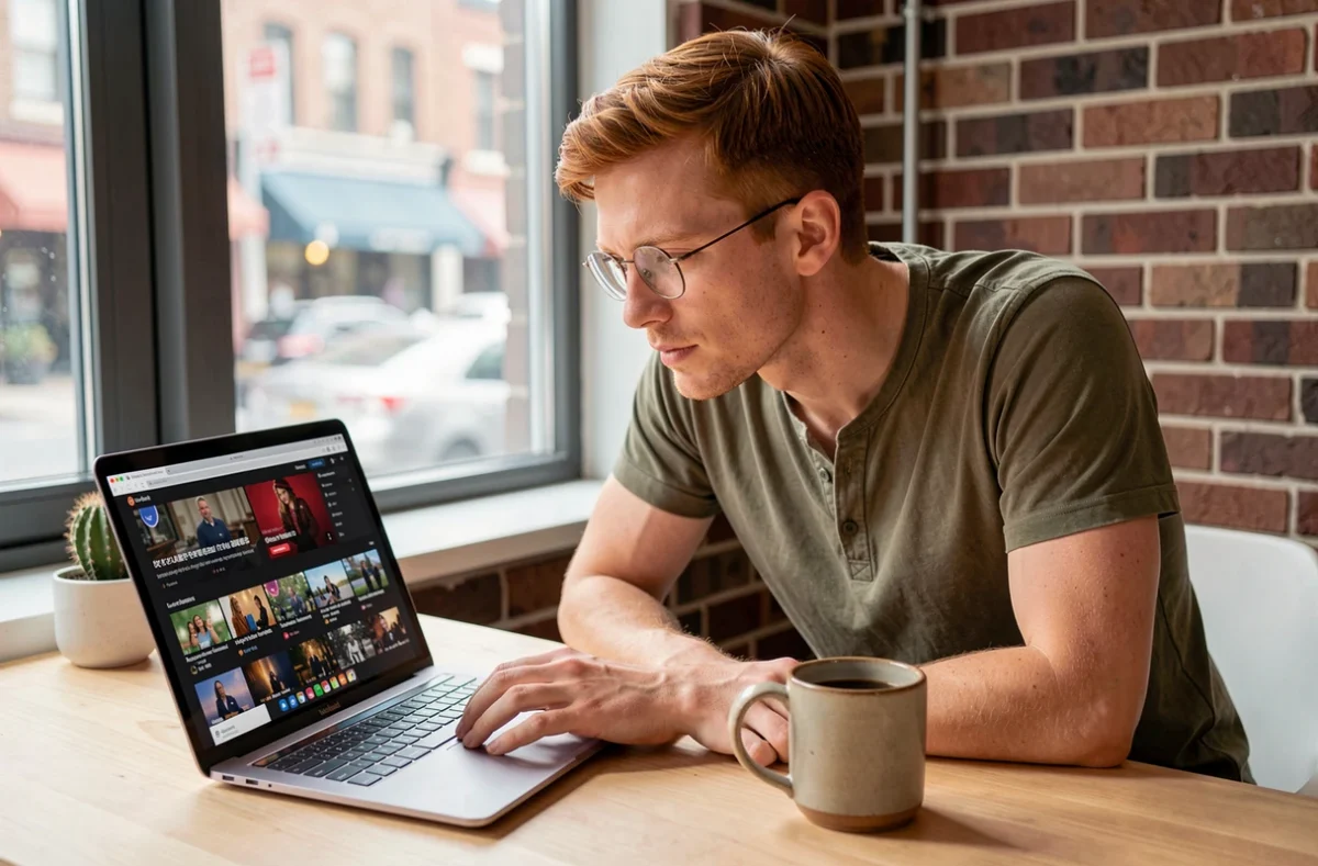 Jeune homme avec des lunettes consultant une plateforme de streaming sur son ordinateur portable dans un bureau à domicile moderne avec un mur en briques apparentes