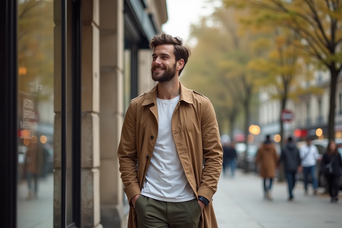 Jeune homme en trench dans une rue parisienne animée
