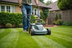 Homme utilisant une tondeuse électrique filaire pour tondre une pelouse rayée dans un jardin résidentiel soigné