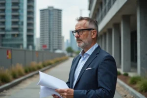 Homme d'âge moyen tenant des documents devant un bâtiment en construction