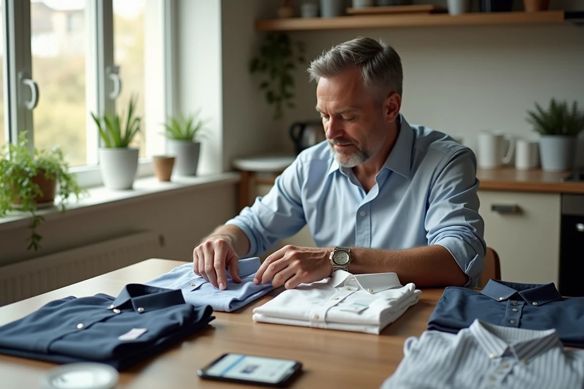 Homme compare deux chemises de designer dans la cuisine