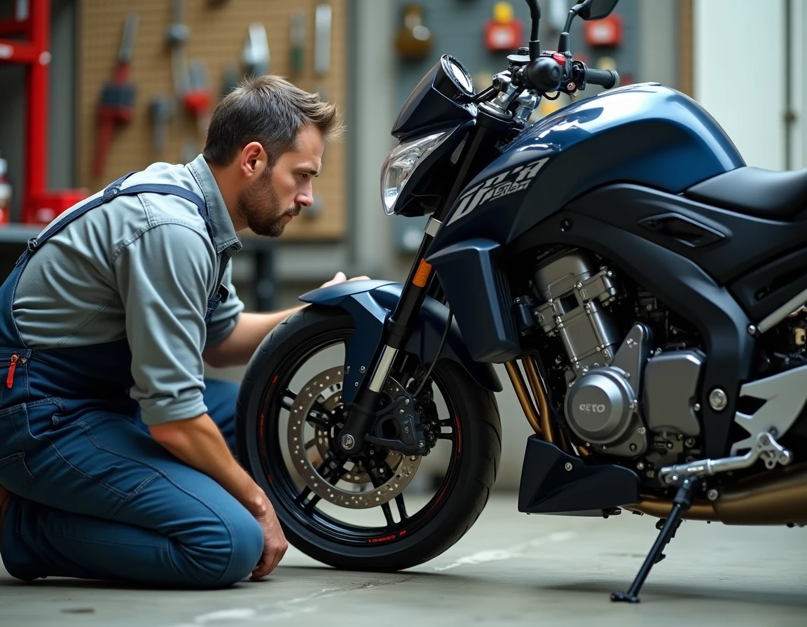 Mécanicien inspectant le moteur quatre cylindres d'une Honda CBR 1000 F dans un atelier urbain