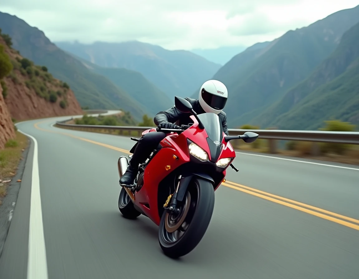 Pilote en combinaison cuir incliné dans un virage sur une Honda CBR 1000 F lors d'une traversée de col de montagne