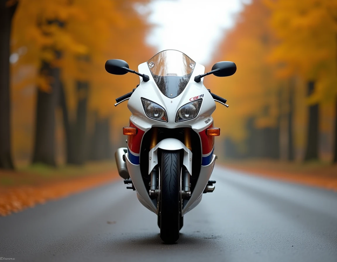 Honda CBR 1000 F garée sur une route de campagne en automne, vue 3/4 avant mettant en valeur le carénage aérodynamique