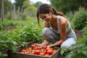 Femme récoltant des tomates dans un jardin bio