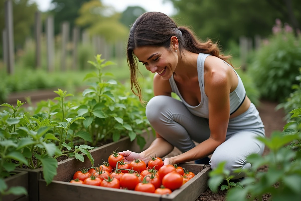 Femme récoltant des tomates dans un jardin bio