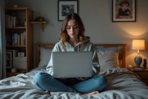 Jeune femme regardant un ordinateur portable pour anime streaming