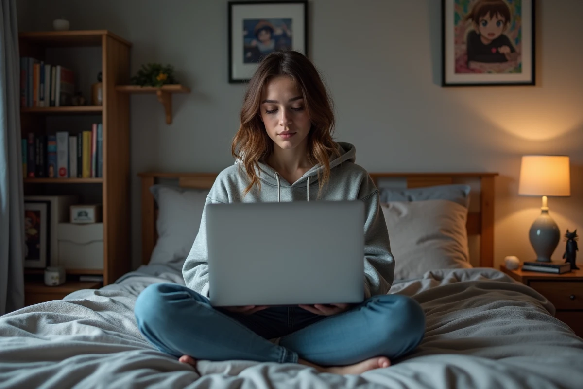 Jeune femme regardant un ordinateur portable pour anime streaming