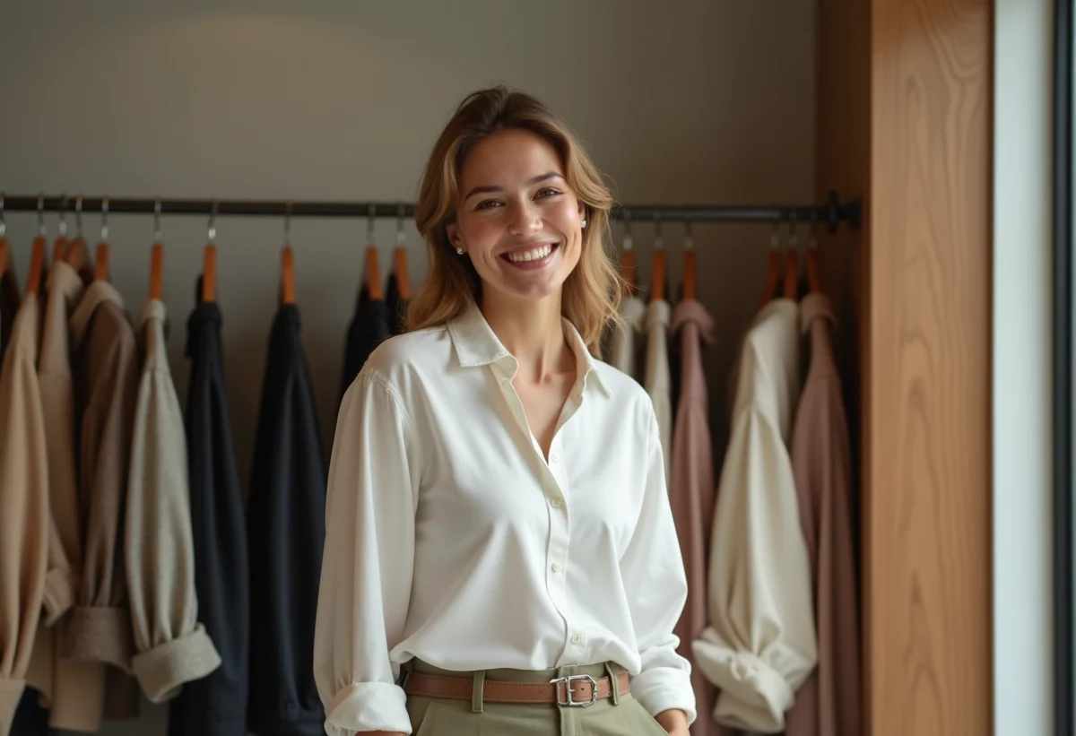 Jeune femme souriante en boutique mode tendance