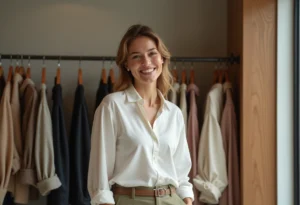Jeune femme souriante en boutique mode tendance