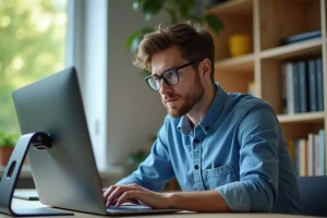 Jeune homme au bureau regardant son écran d'ordinateur