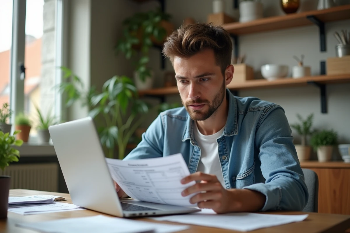 Jeune homme à la maison scannant une notice fiscale
