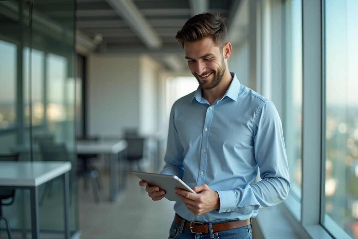 Jeune homme consulte graphiques financiers sur tablette