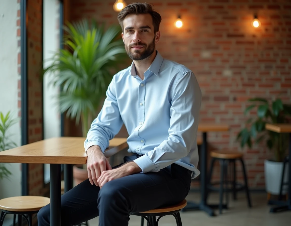 Jeune homme grand assis dans un café co-working parisien, contraste entre sa grande stature et le mobilier compact
