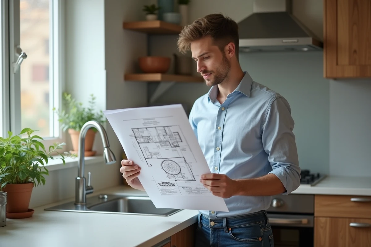 Jeune homme lisant des plans de maison dans sa cuisine