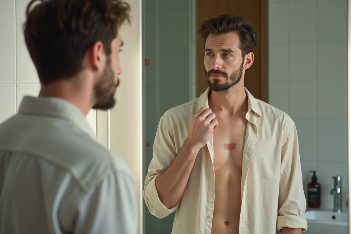 Jeune homme examinant une marque sur la poitrine dans le miroir
