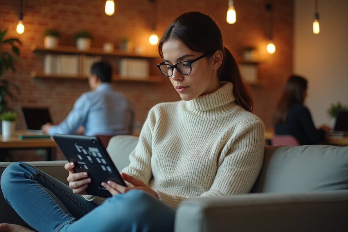 Jeune professionnelle consultant un sitemap de site web sur tablette dans un espace de coworking chaleureux