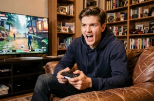 Jeune homme jouant à un jeu vidéo sur sa console dans un salon moderne avec manette en main