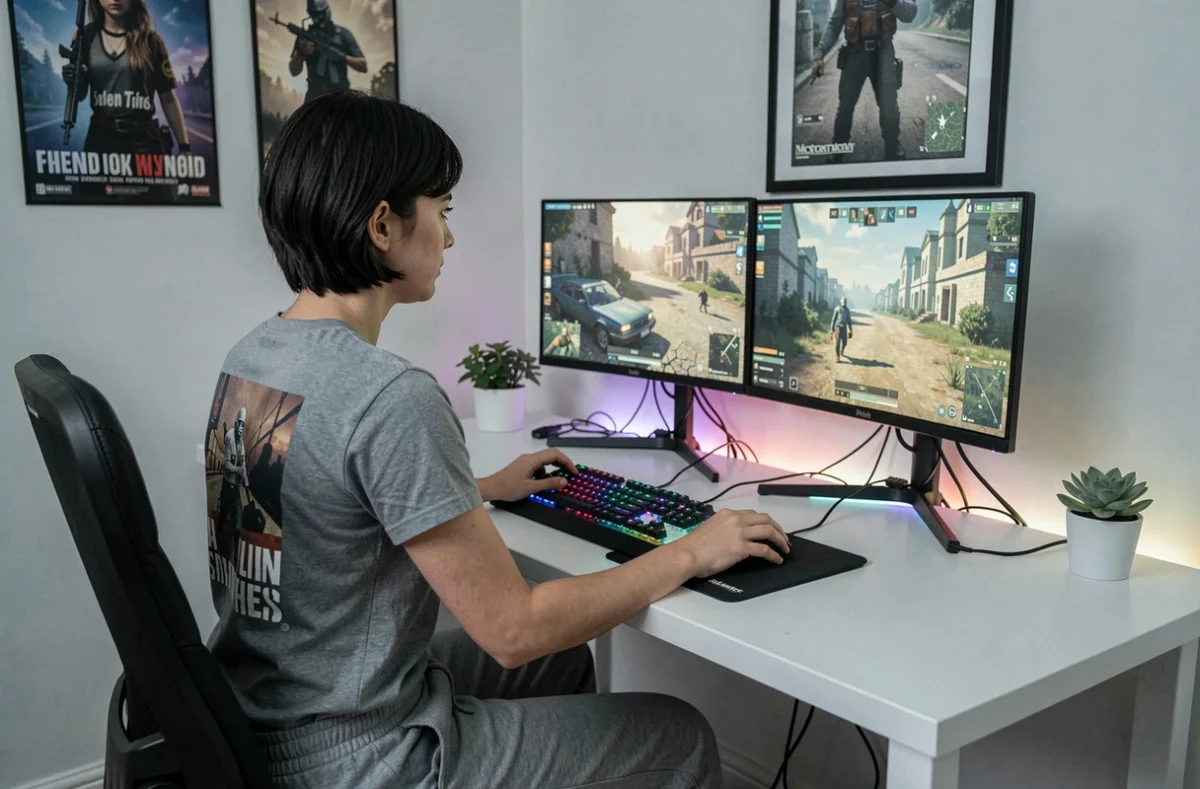 Joueuse PC installée à son bureau gaming avec double écran et périphériques RGB dans une pièce organisée