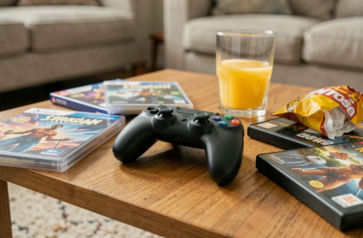 Manette de jeu vidéo posée sur une table basse en bois entourée de jaquettes de jeux et d'accessoires de gaming