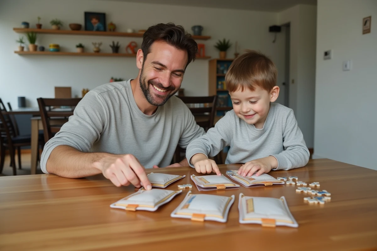 Père et fils trient des pièces de puzzle à la maison