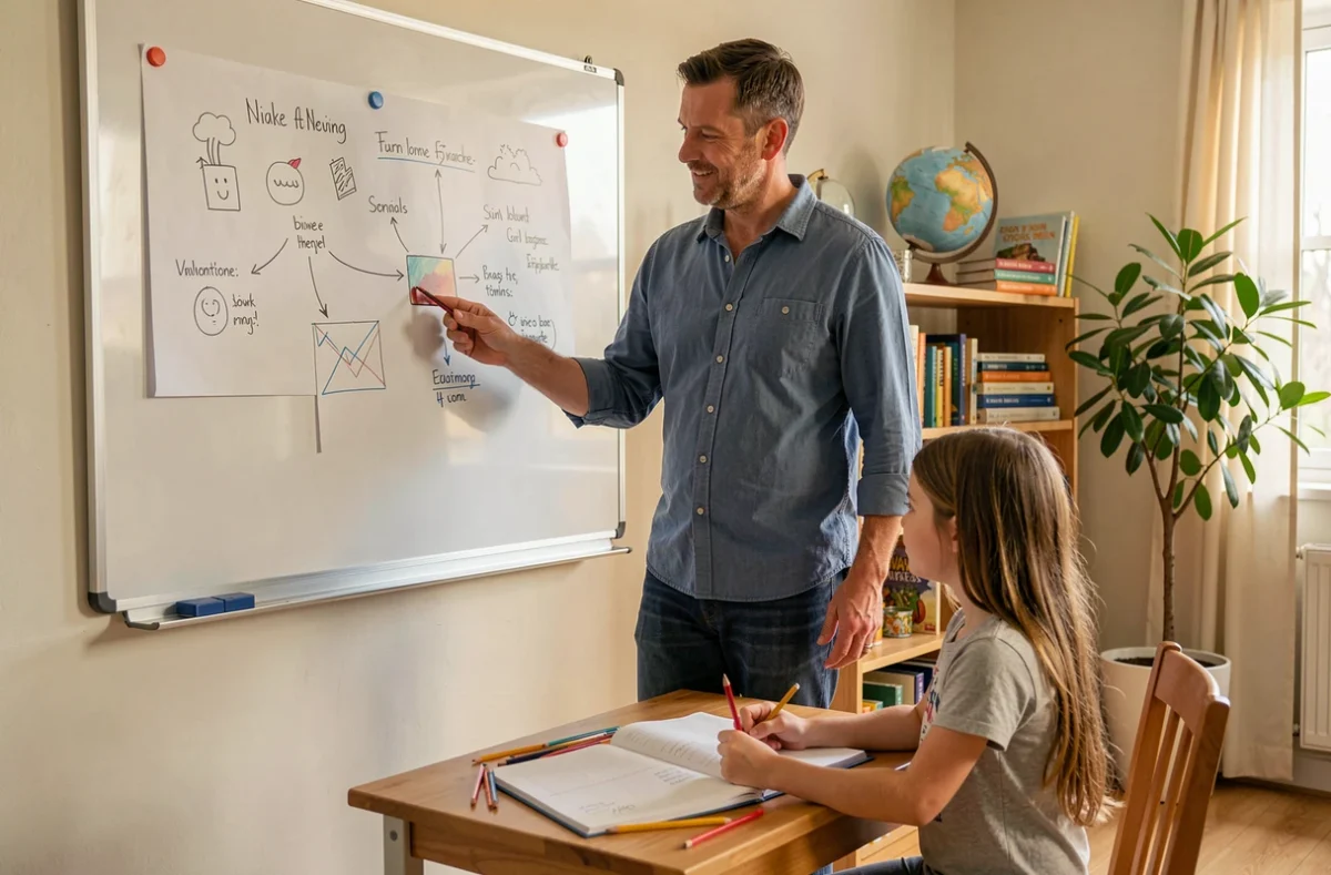 Père enseignant à sa fille à domicile devant un tableau blanc dans un espace d'apprentissage aménagé au salon