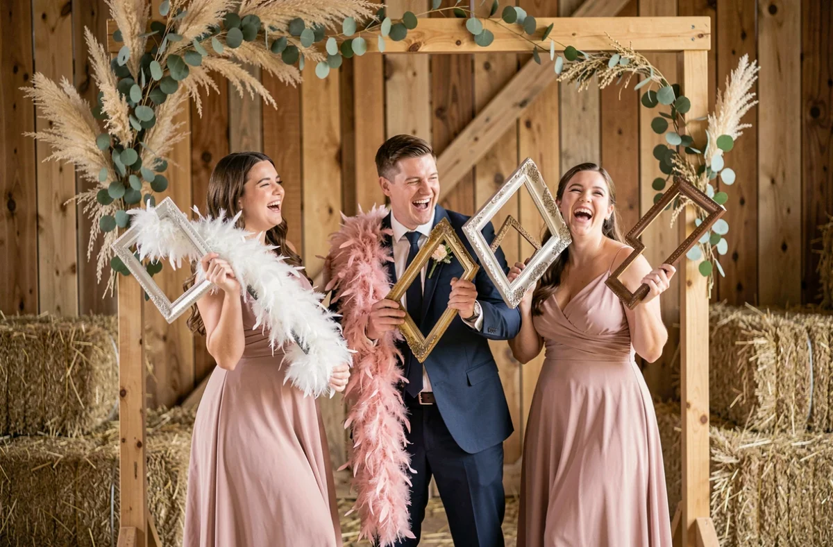 Photobooth de mariage en grange rustique avec demoiselles d'honneur et garçon d'honneur posant avec des accessoires amusants