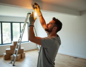 Homme retirant une ampoule d'un plafonnier dans un appartement vide lors d'un déménagement