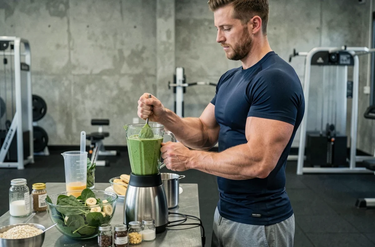 Sportif masculin préparant un smoothie protéiné dans une salle de sport pour soutenir la récupération et les performances athlétiques