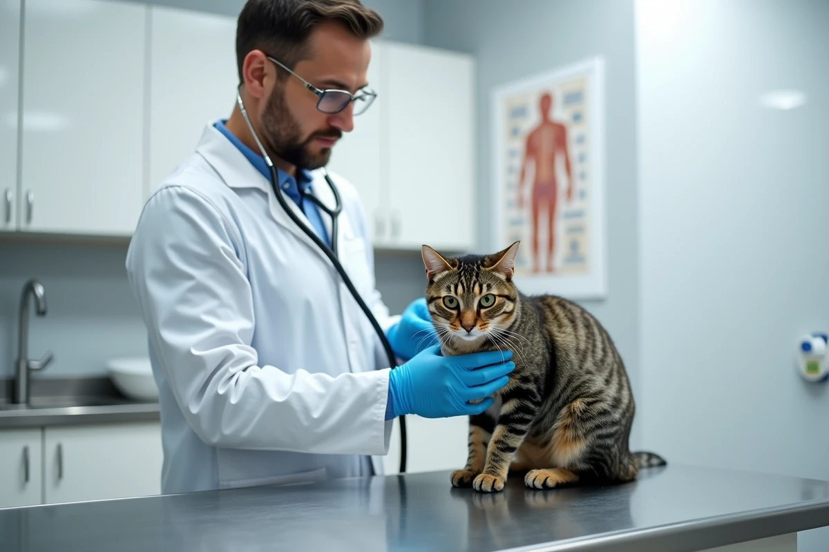 Vétérinaire examinant un chat tigré à la clinique vétérinaire avec stéthoscope