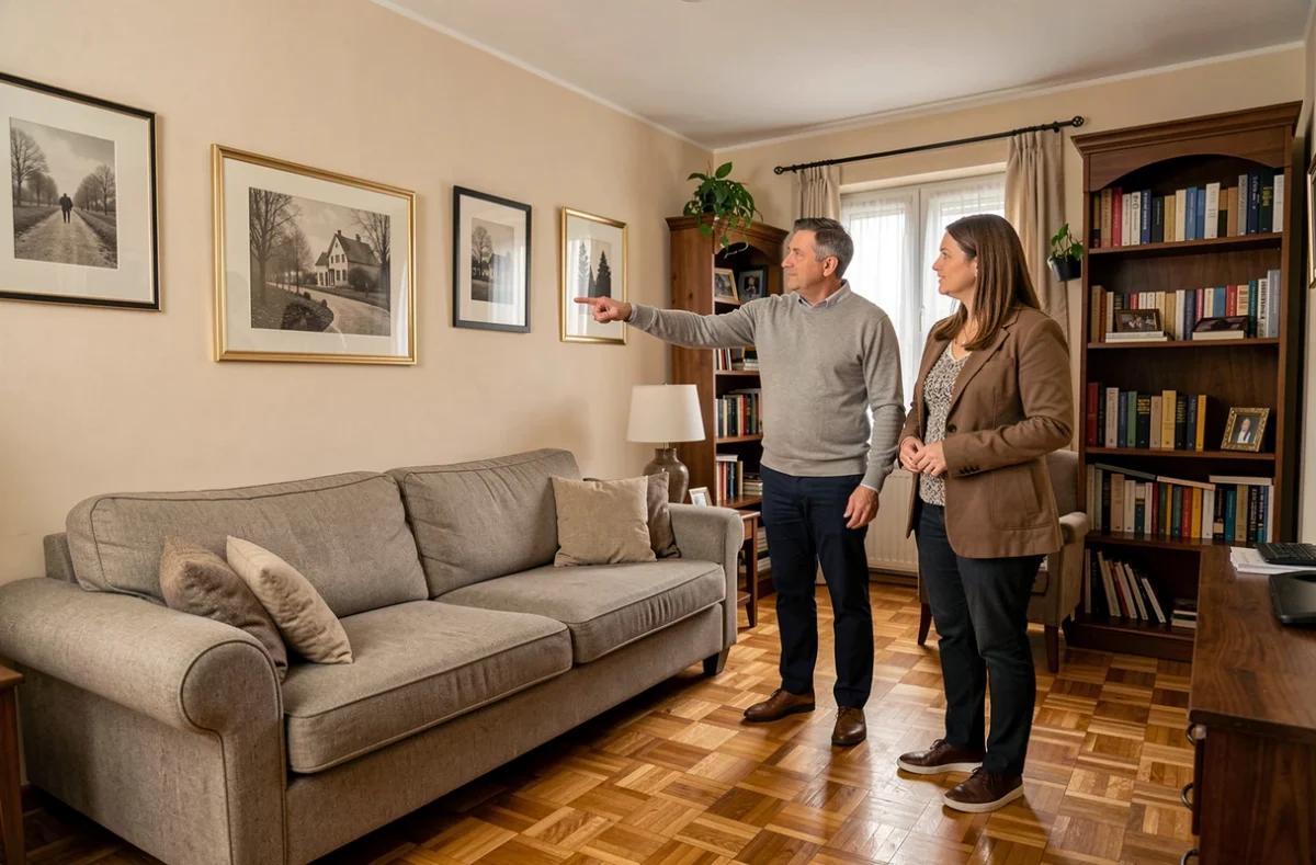 Propriétaire faisant visiter sa résidence principale à des locataires potentiels dans le salon